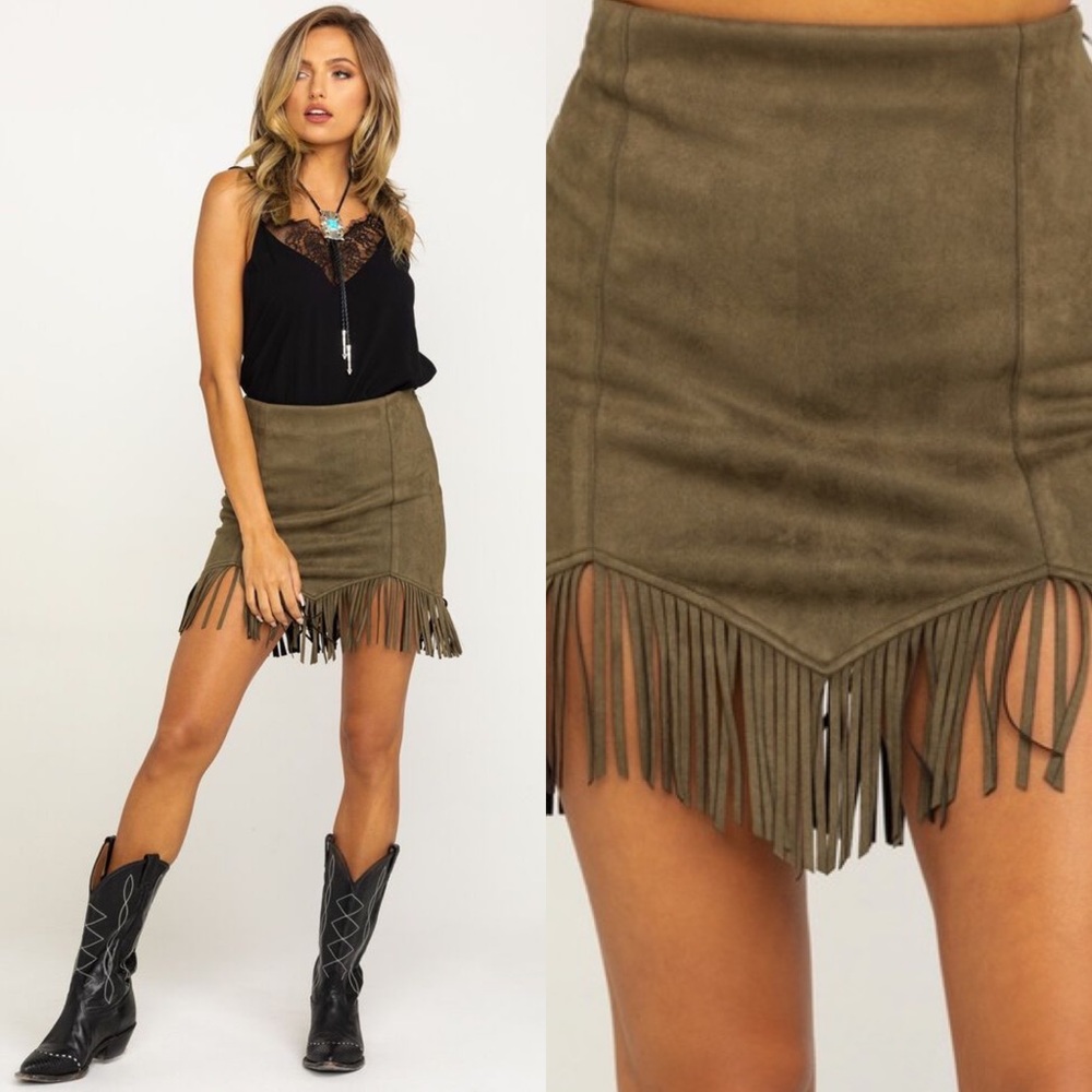 Flying Tomato Olive Suede Fringe Mini Skirt Size S - Picture 1 of 7